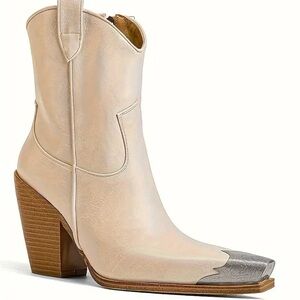 Western Beige Leather Boots